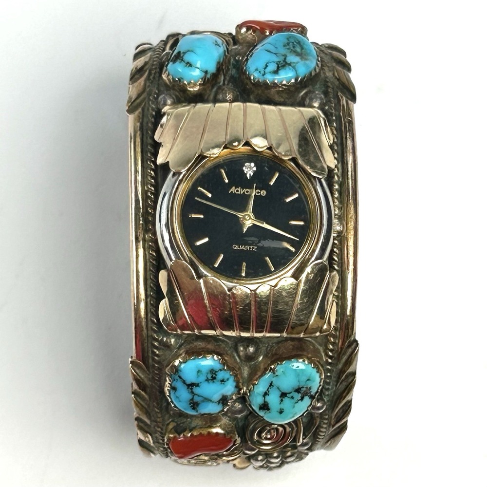 Turquoise Coral Sterling Silver Watch Cuff Bracelet 66.6g Advance Quartz